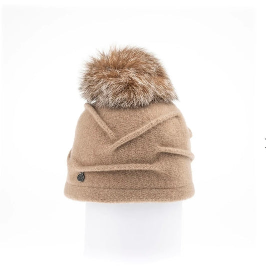 CLARETA - CANADIAN HAT BONNET PLISSÉ AVEC POMPON EN FOURRURE RECYCLÉE