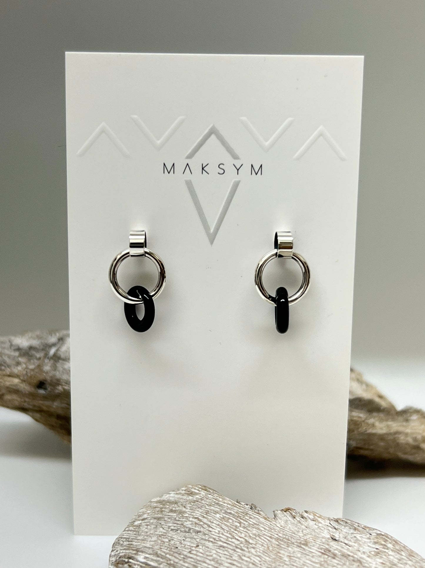 Boucles d'oreilles anneaux argent + Onyx noir Maksym Fait main à Montréal Maksym